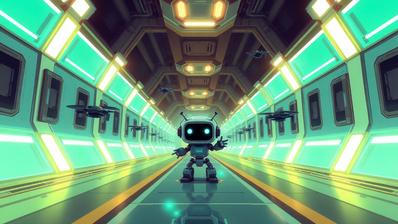 Generated mini-game: a robot defending a space station corridor